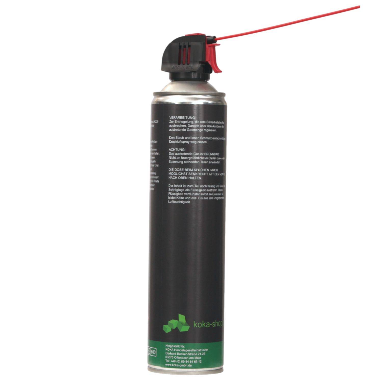 Aerosol-Dose mit einem schwarzen Etikett und grüner Basis, ausgestattet mit einer roten Düse und Sprührohranbringung. Konzipiert für präzise Sprühanwendungen.