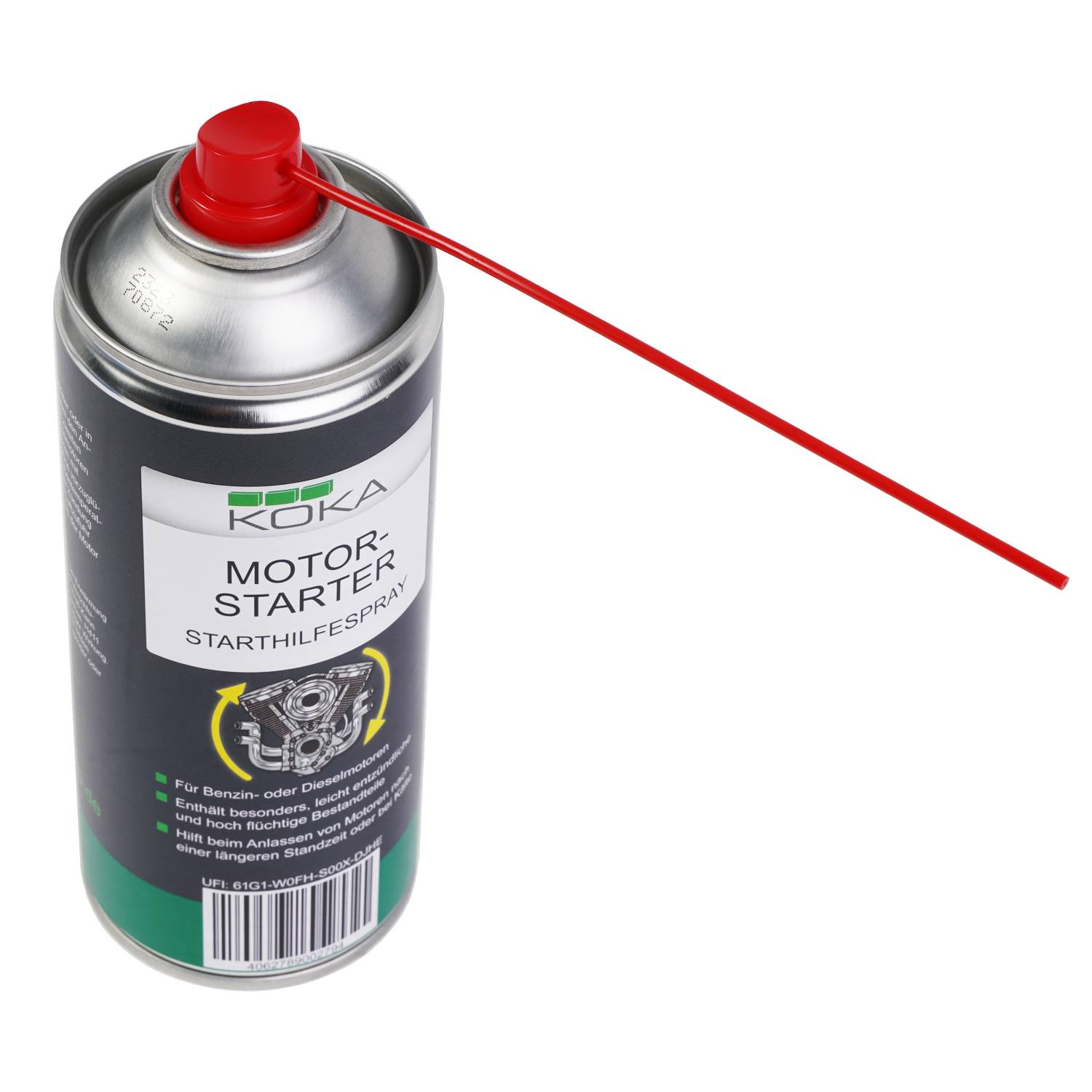 Eine Dose Motorstartspray mit roter Düse und angebrachtem Saugröhrchen für präzise Anwendung. Etikett weist auf Verwendung für Benzinmotoren hin.
