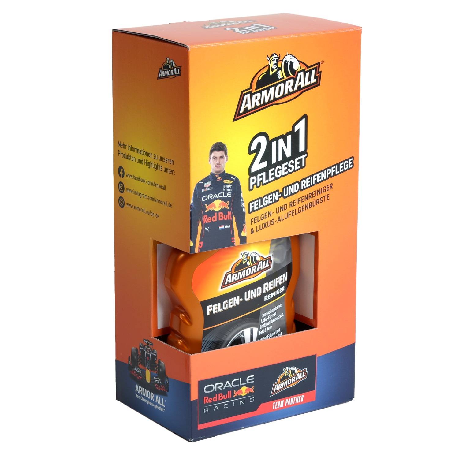 Armor All 2-in-1 Pflegeset' Verpackung mit Autopflegeprodukten. Ausgestattet mit Oracle Red Bull Racing und einem Fahrerbildnis auf der Schachtel.