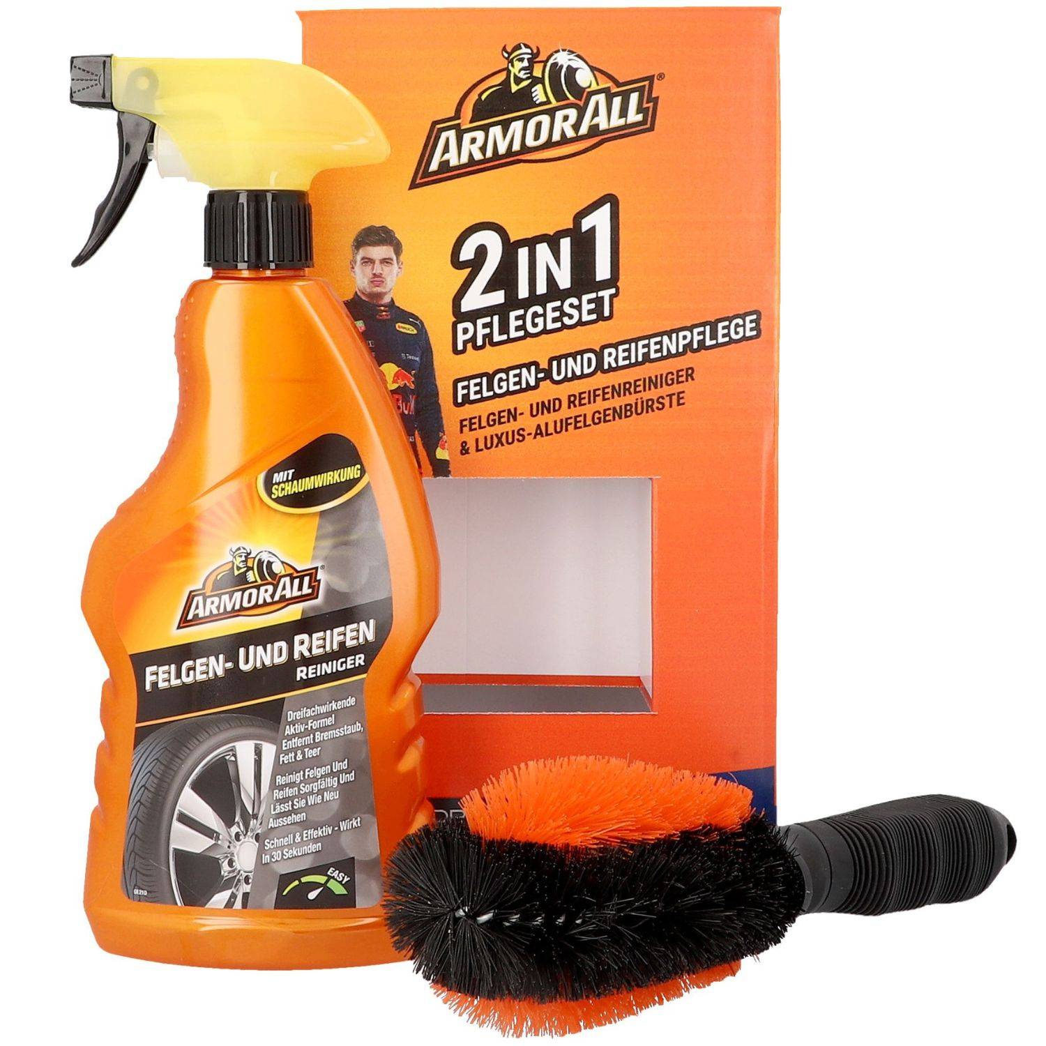 Armor All 2-in-1 Pflegeset' umfasst eine Sprühflasche zur Felgen- und Reifenreinigung und eine Reifenbürste. Die Verpackung betont die Reinigungsvorteile.