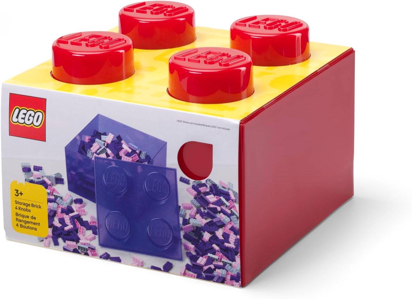 Rote LEGO-Aufbewahrungsbox in Form eines riesigen 2x2 LEGO-Steins, verwendet zum Organisieren und Aufbewahren von kleinen Gegenständen oder LEGO-Teilen.