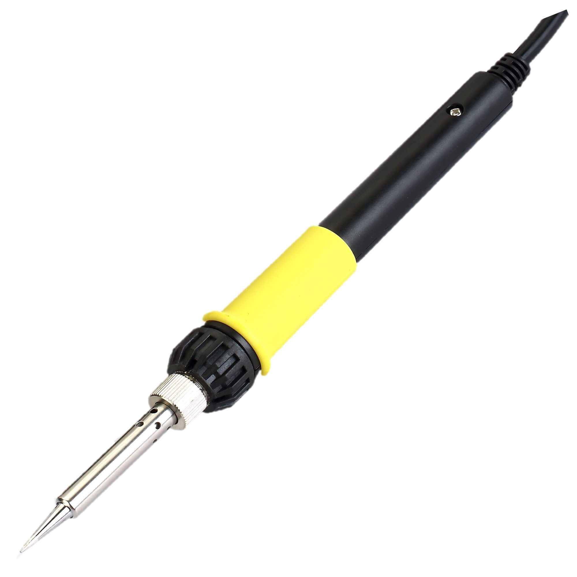 Ein Lötkolben mit einem schwarzen Griff und gelbem Haltebereich, der mit seiner Metalllitze nach rechts zeigt und für elektronische Lötvorgänge verwendet wird.