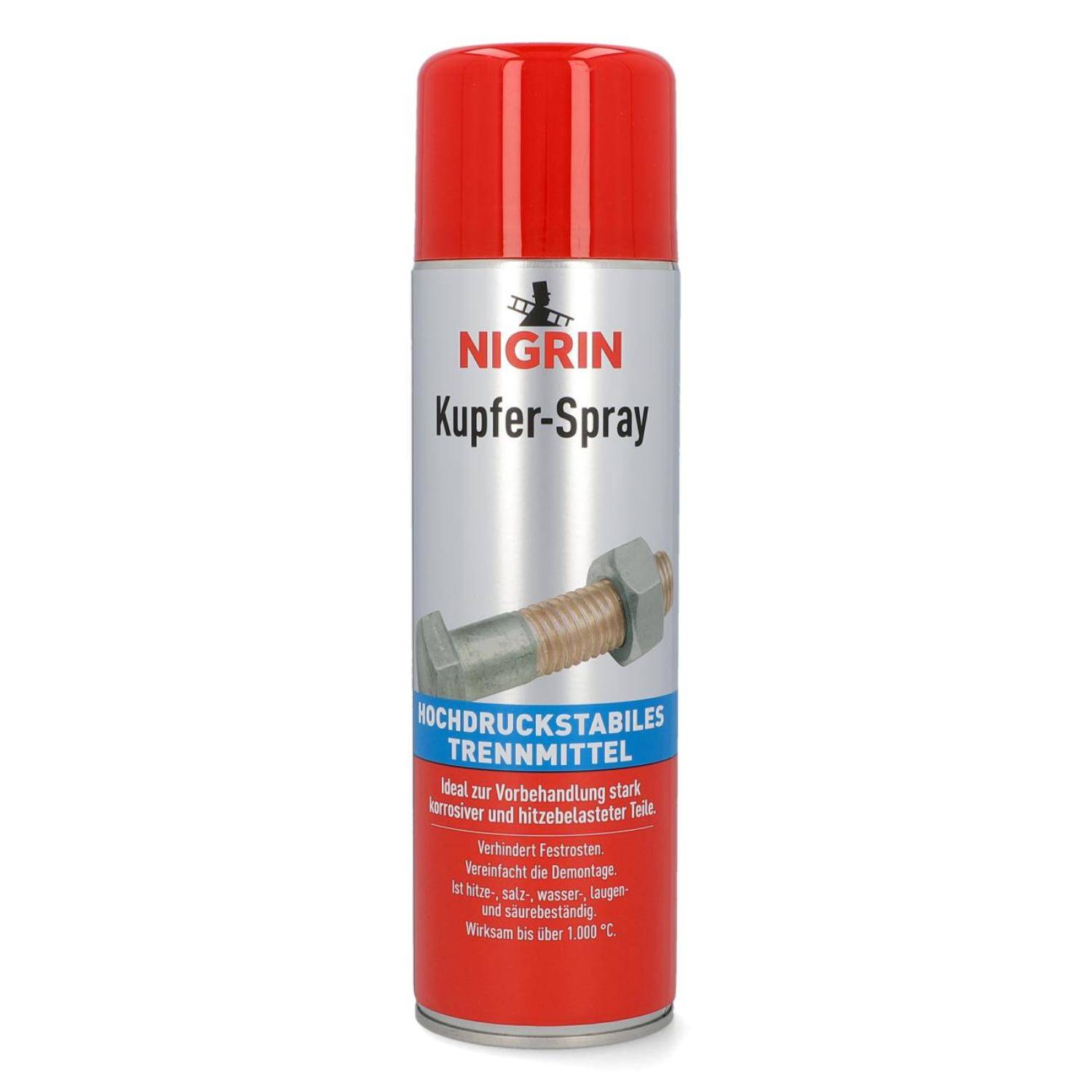 Dose mit 'Nigrin Kupfer-Spray' und rotem Deckel, Bild eines Bolzens, beschriftet mit 'Hochdruckstabiles Trennmittel'. Ideal zur Korrosionsprävention.