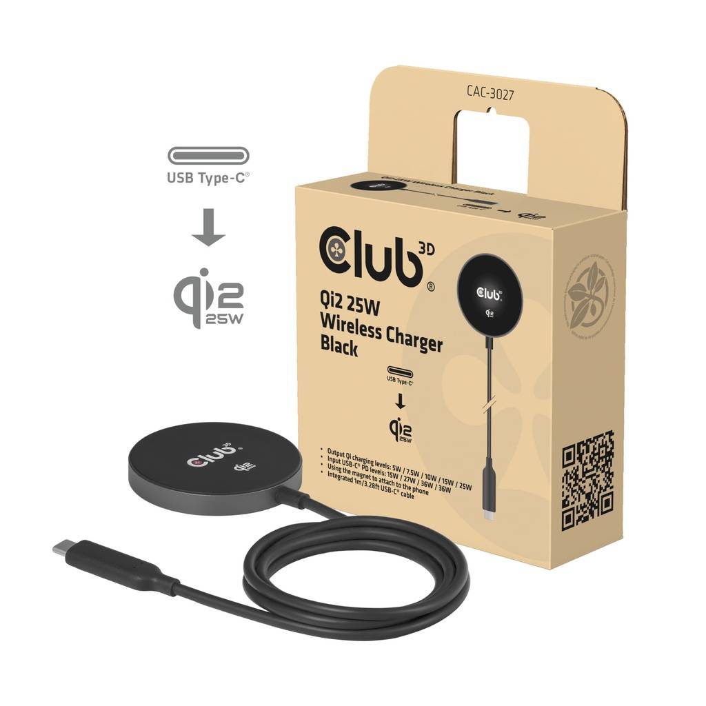 Club 3D Qi2 25W Wireless Charger Verpackung mit einem schwarzen drahtlosen Ladegerät-Pad und angeschlossenem USB Type-C-Kabel, wobei die 25W Leistung hervorgehoben wird.