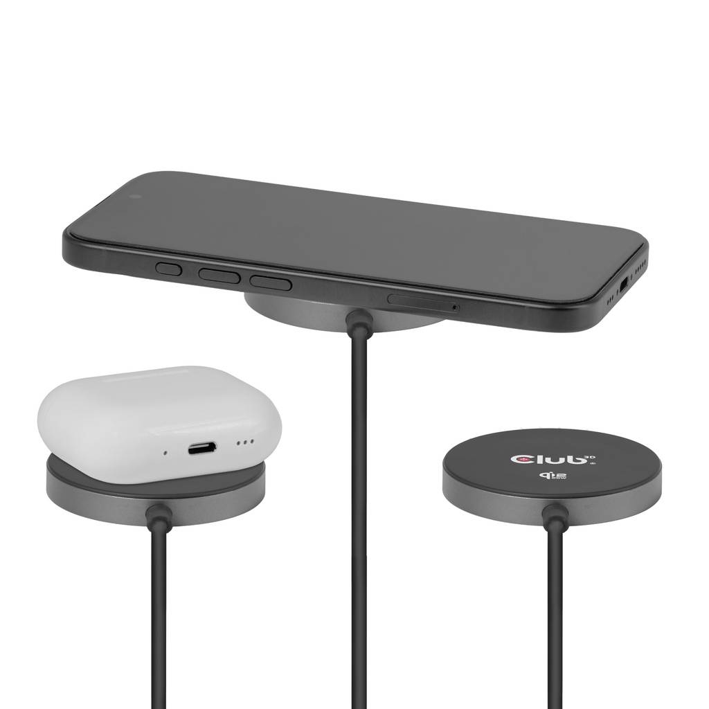 Zwei übereinander gestapelte kabellose Ladegeräte mit magnetischen Befestigungen: eines lädt ein Smartphone, das andere ist bereit für ein Gerät, beide verbunden durch schwarze Kabel.