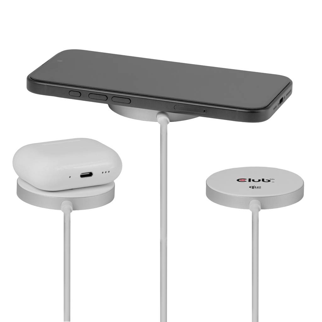 Eine elegante, dreifache drahtlose Ladestation mit Smartphone, Ohrhörer-Etui und Logo-Scheibe, die effizientes Geräteladen präsentiert.