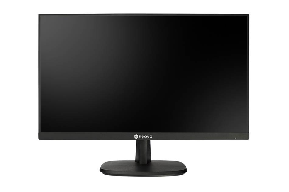 Schwarzer Neovo-Computermonitor auf einem Ständer, Frontansicht auf weißem Hintergrund.