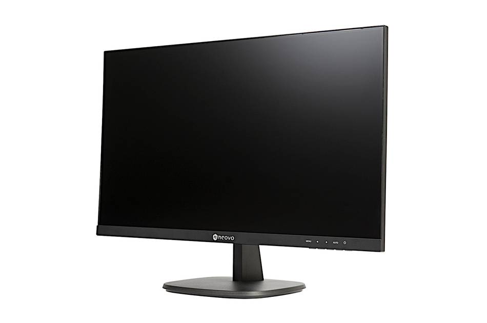 Ein schwarzer Breitbild-Computermonitor auf einem Ständer, auf weißem Hintergrund dargestellt.