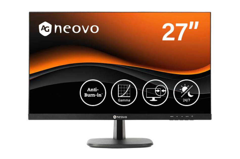 27-Zoll-AG-Neovo-Monitor, Vorderansicht mit orange-schwarzer Bildschirmgrafik, die Anti-Burn-in-, Gamma- und 24/7-Funktionen hervorhebt.