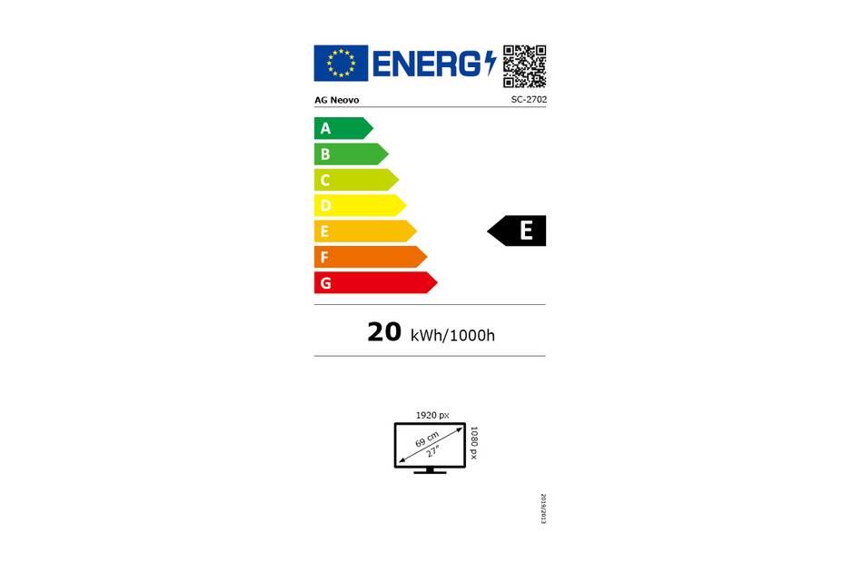 EU-Energieetikett für einen AG Neovo Monitor mit Energieeffizienzklasse E und Stromverbrauch von 20 kWh/1000h, mit Symbol für 1920 x 1080 Auflösung.