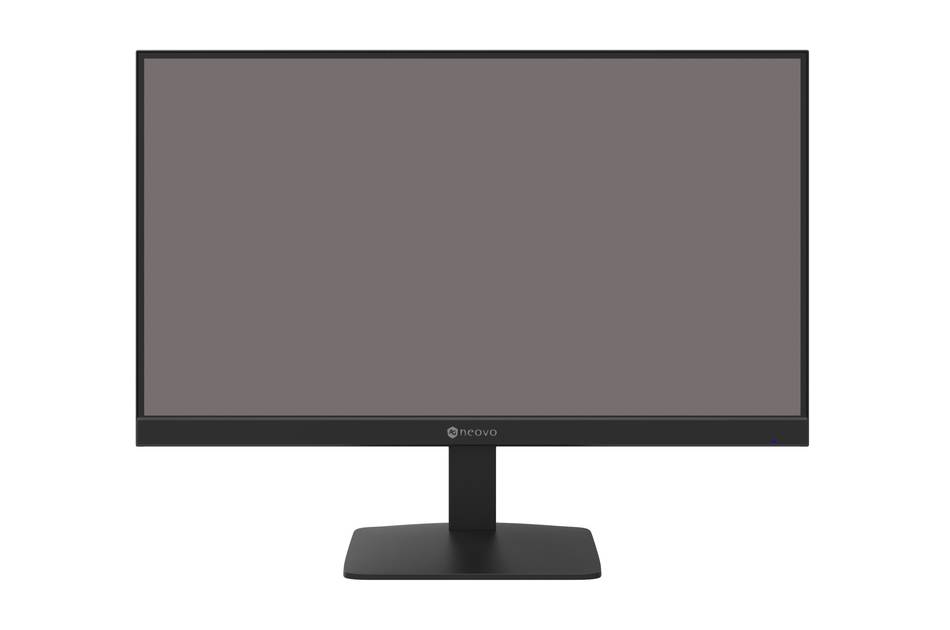 Ein schwarzer Computermonitor auf einem Ständer vor weißem Hintergrund, in Vorderansicht mit leeren Bildschirm dargestellt.