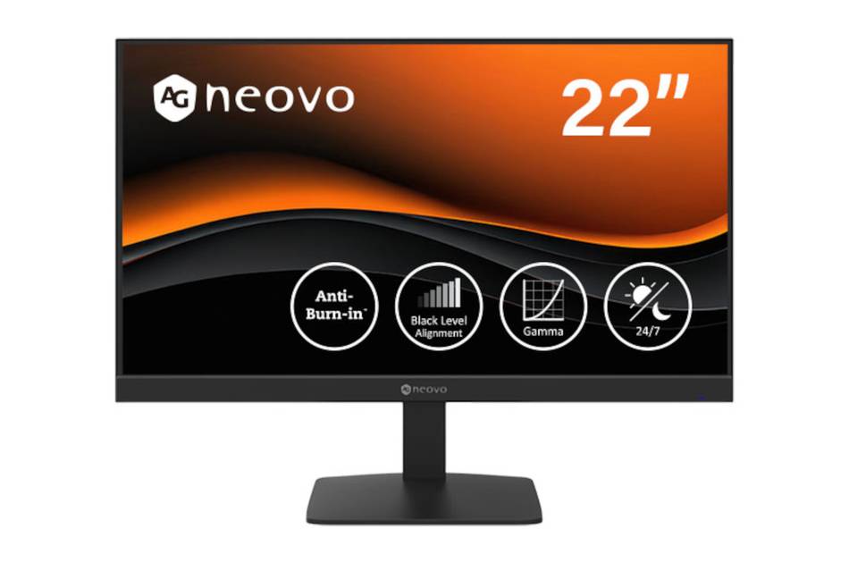 Neovo 22-Zoll-Monitor von vorne gezeigt, mit Funktionssymbolen für „Anti-Burn-in