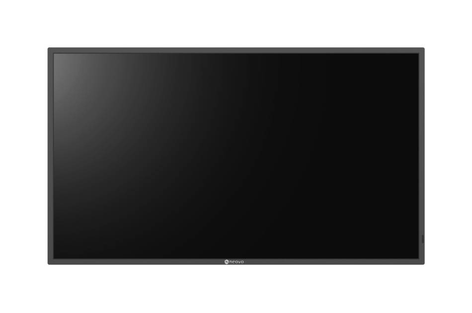 Schwarzer flacher Flachbildschirm oder Fernseher mit ausgeschaltetem Display, frontal auf weißem Hintergrund gezeigt.