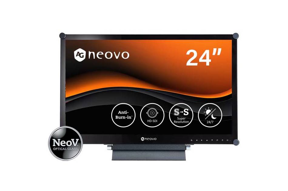 24-Zoll-Monitor von AG Neovo mit orange-schwarzem Bildschirm, der Anti-Burn-in, HD-SDI, S-Super Resolution und 24/7-Funktionen zeigt.