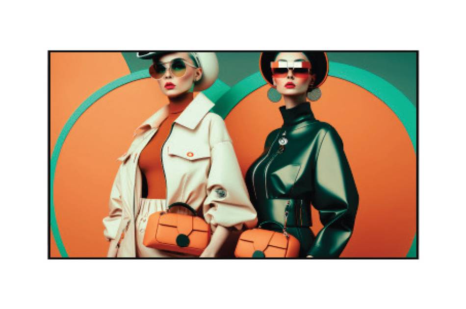 Zwei Personen in retrof­uturi­stischer Mode mit geometrischen Hintergründen. Sie tragen Sonnen­brillen, Hüte und halten orange Taschen, während sie eine stilvolle, avantgardistische Ausstrahlung ausstrahlen.