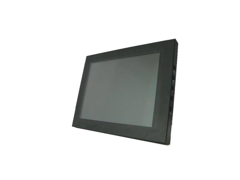 Ein schwarzes rechteckiges Touchscreen-Panel mit leerem Display, das in einem Winkel auf weißem Hintergrund gezeigt wird.