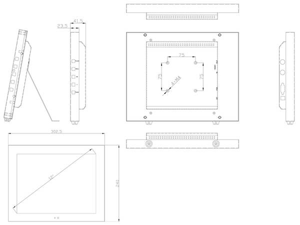 DSM12.1-WGF,  12,1" LCD-Display (4:3)  Auflösung 800x600px  Metallgehäuse  BNC/VGA/HDMI IN, BNC OUT  VESA 75