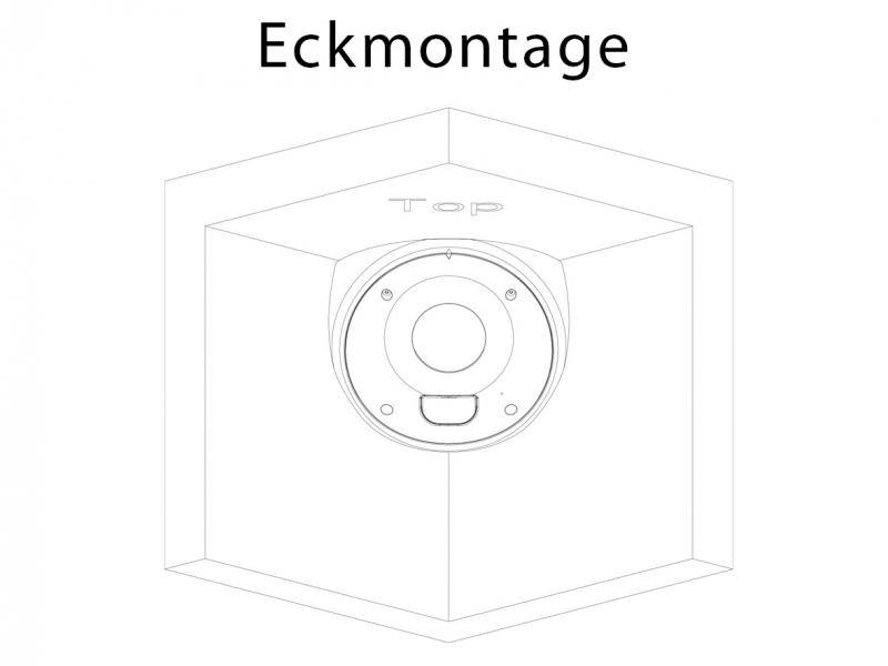 Linienzeichnung einer würfelförmigen Eekmontage-Kamera mit einem runden vorderen Objektiv, zentriert unter dem Titel „Eekmontage