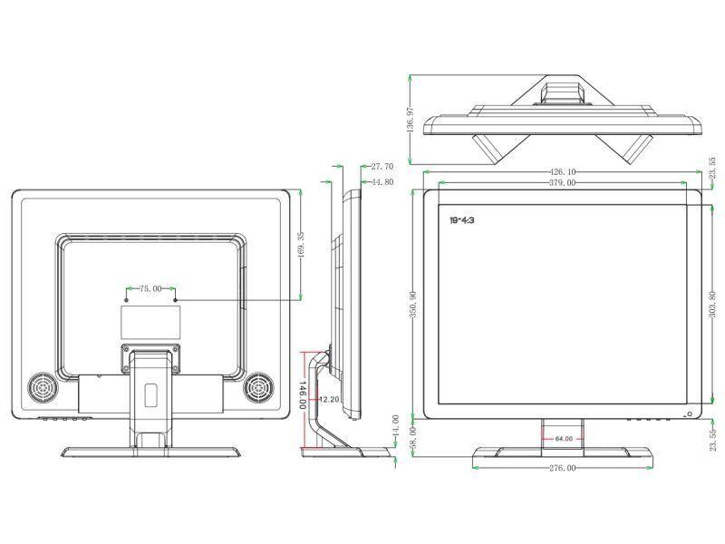 AS19LED-3,  19" LED-Display (4:3)  Auflösung 1280x1024px  Kunststoffgehäuse  BNC/VGA/HDMI IN, BNC OUT  Audio IN /