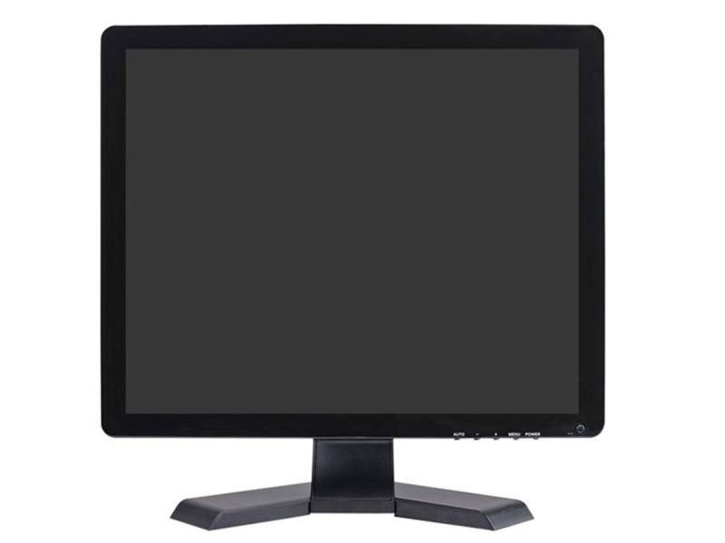 Schwarzer Computermonitor mit leerem Bildschirm auf einem Ständer und zwei abgewinkelten Füßen, isoliert auf weißem Hintergrund.