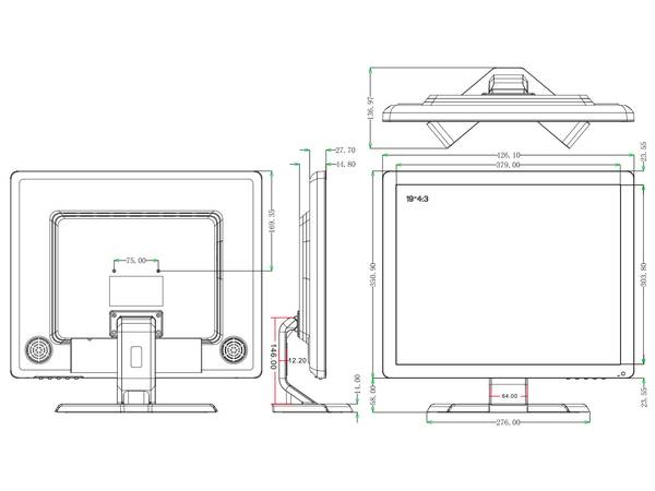 AS19LED-3,  19" LED-Display (4:3)  Auflösung 1280x1024px  Kunststoffgehäuse  BNC/VGA/HDMI IN, BNC OUT  Audio IN /