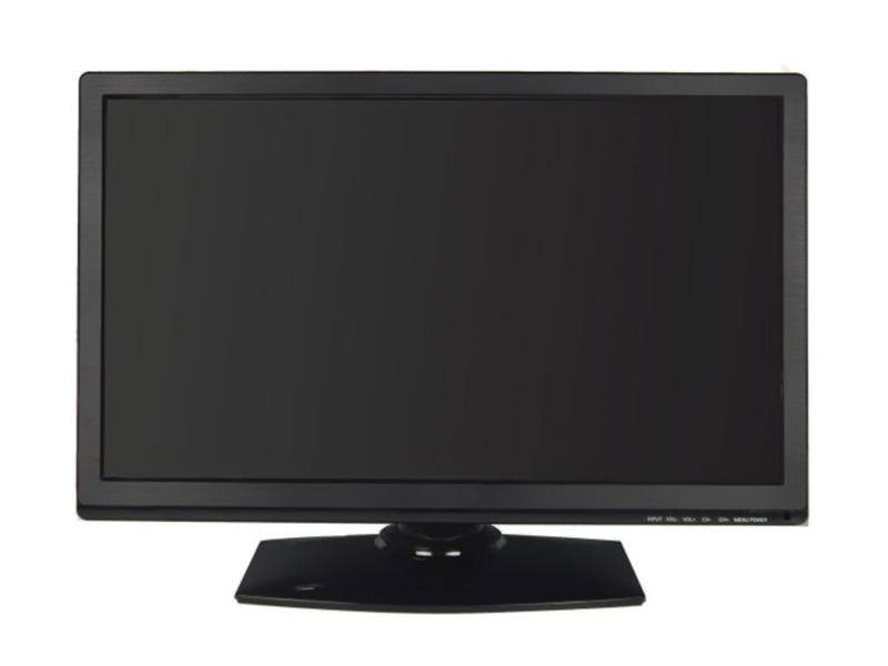 Ein schwarzer Flachbildfernseh-Monitor auf einem Ständer, von vorne gezeigt vor einem schlichten weißen Hintergrund.