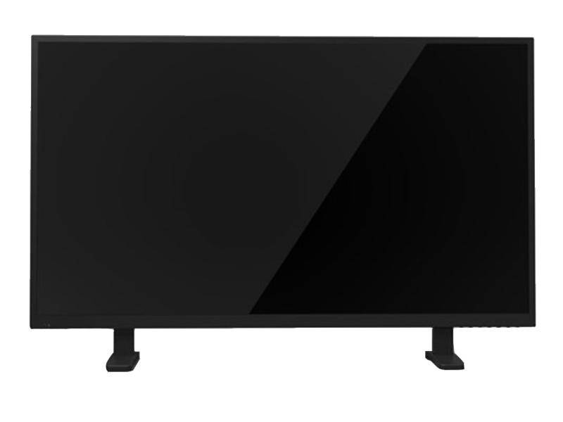 Schwarzer Flachbildfernseher auf zwei kleinen Füßen, Vorderansicht vor weißem Hintergrund.