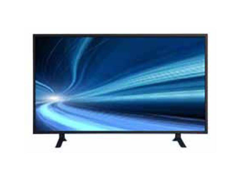 Flachbildfernseher, der blaue abstrakte Lichtstreifen auf weißem Hintergrund anzeigt.
