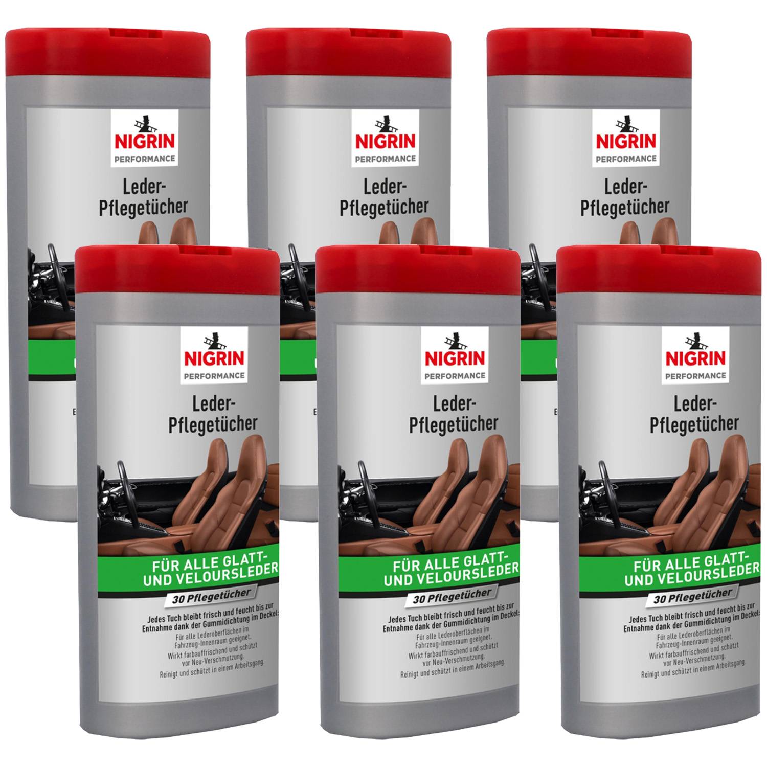 Sechs Nigrin Lederpflegetücher-Behälter mit roten Deckeln, die ein Bild einer Hand zeigen, die Leder reinigt, und Text auf Deutsch über die Produktverwendung.