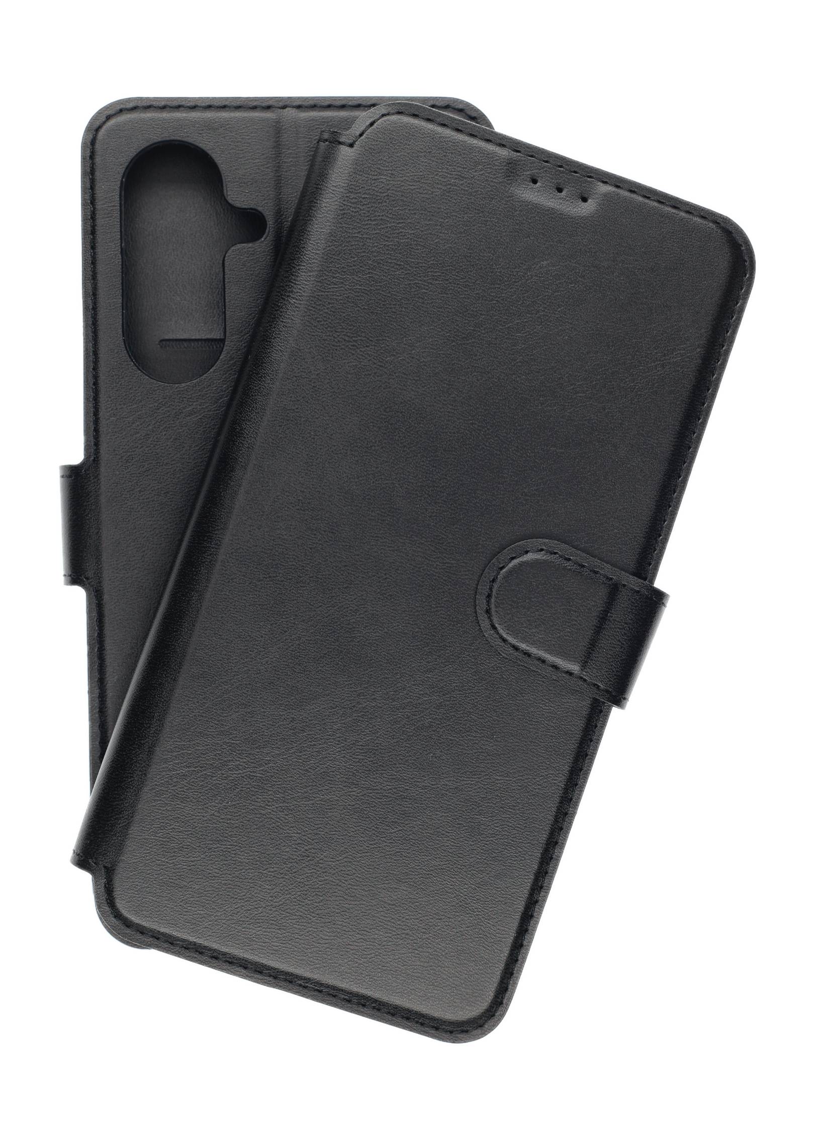 Schwarze Lederbrieftasche für Smartphones mit Kartenfächern und Kameraausschnitt, geöffnet und teilweise überlappend dargestellt.