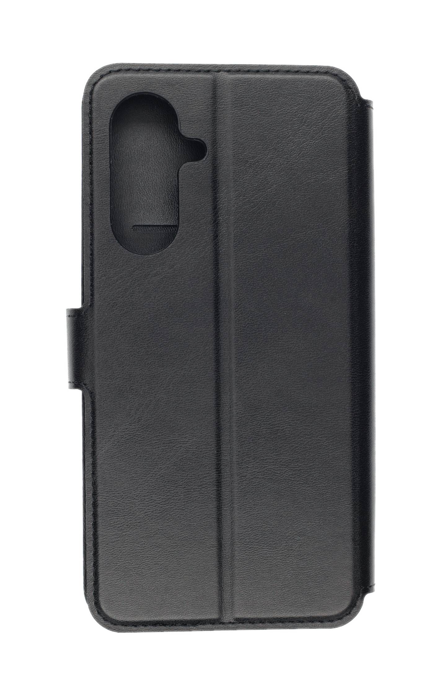 Eine schwarze Ledertasche für Mobiltelefone mit Aussparung für die Kameralinse, entwickelt zum Schutz von Smartphones bei gleichzeitigem Zugang zur Kamera.