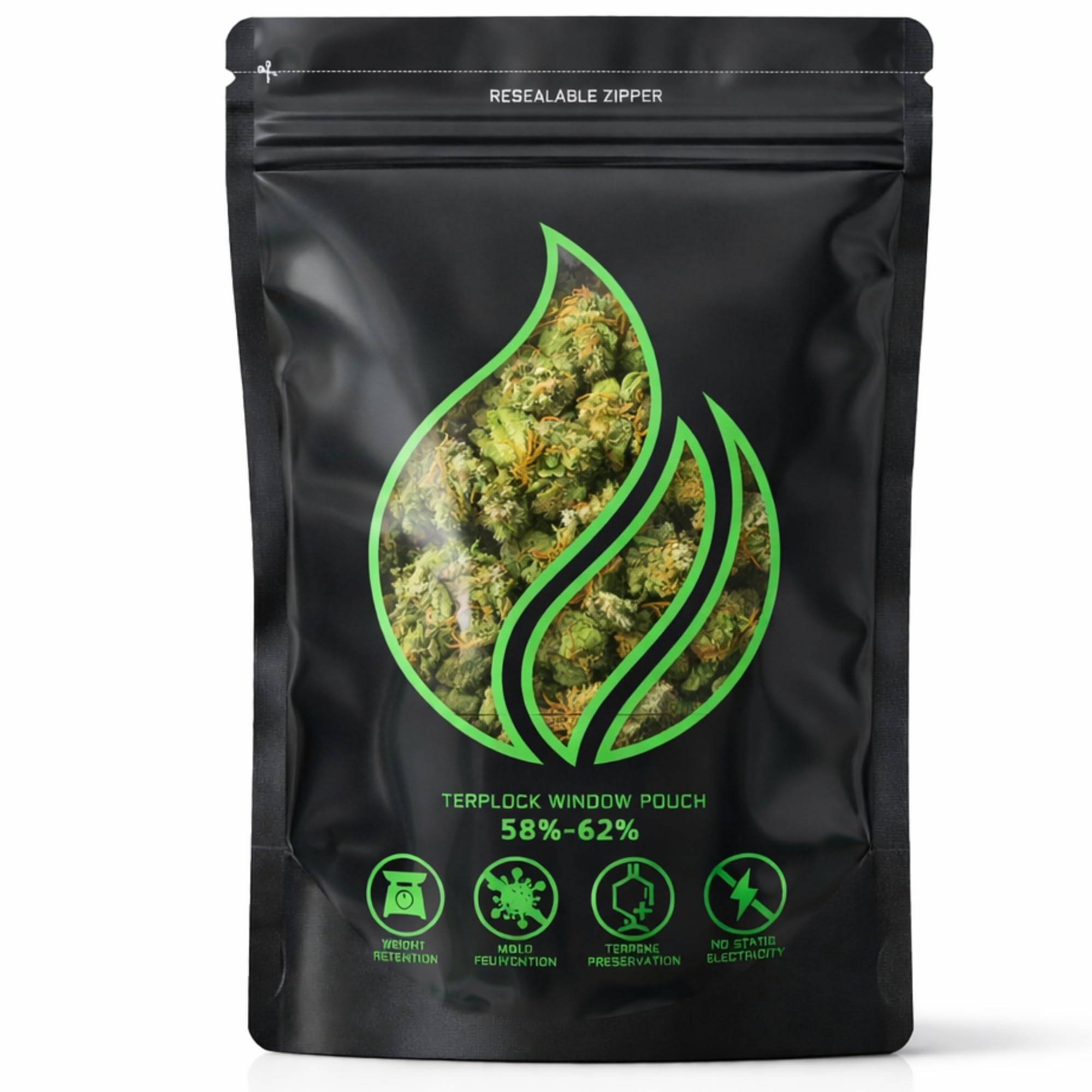 Wiederverschließbare Reißverschluss-Terplock-Fenster-Beutel mit Cannabis, zeigt 58-62% Luftfeuchtigkeit. Symbole für Gewichtserhaltung, Terpenerhaltung, keine statische Aufladung.