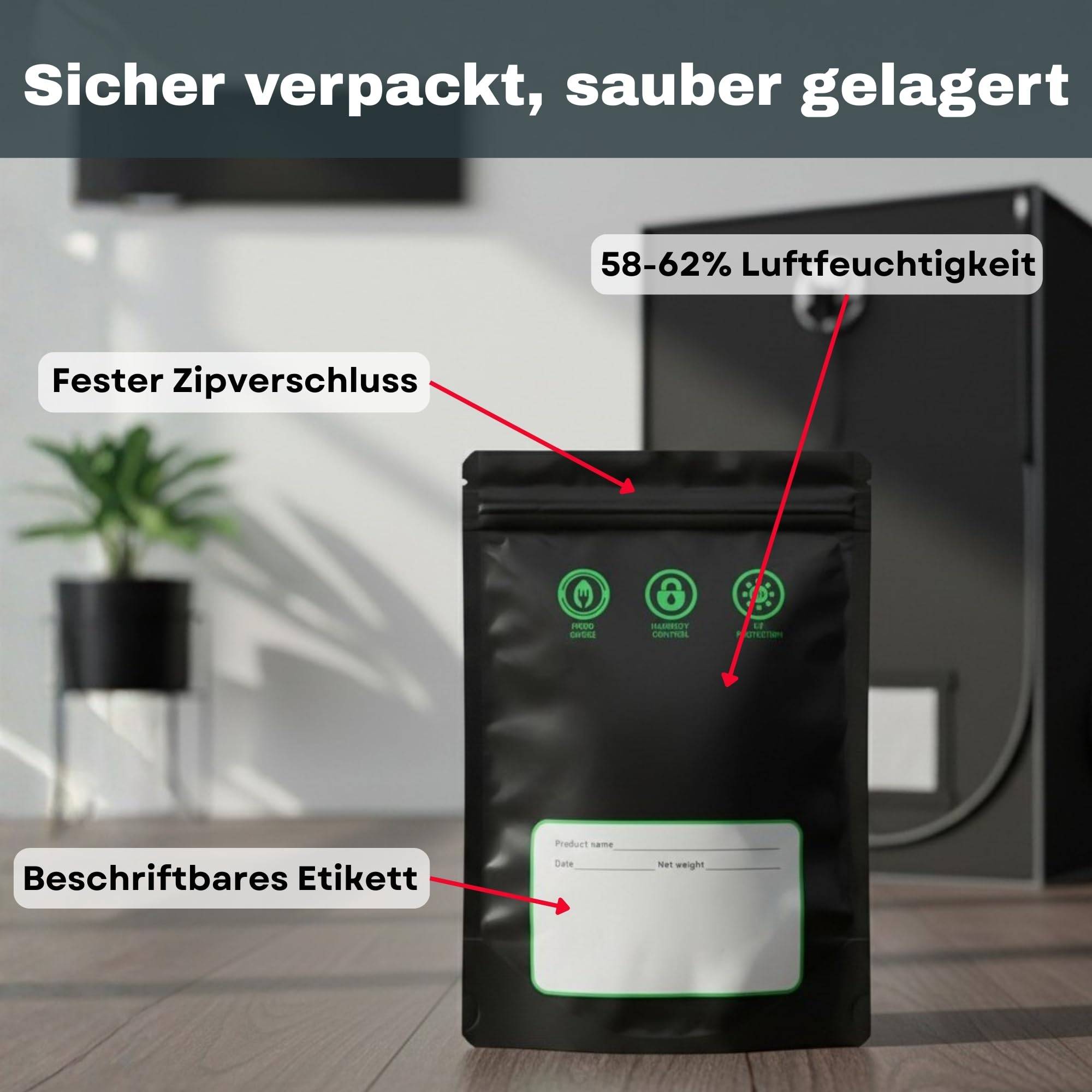 Schwarze Aufbewahrungstasche mit Reißverschluss, Beschriftungsbereich und Feuchtigkeitsindikatoren (58-62%) auf einer Küchenarbeitsplatte. Text lautet: 