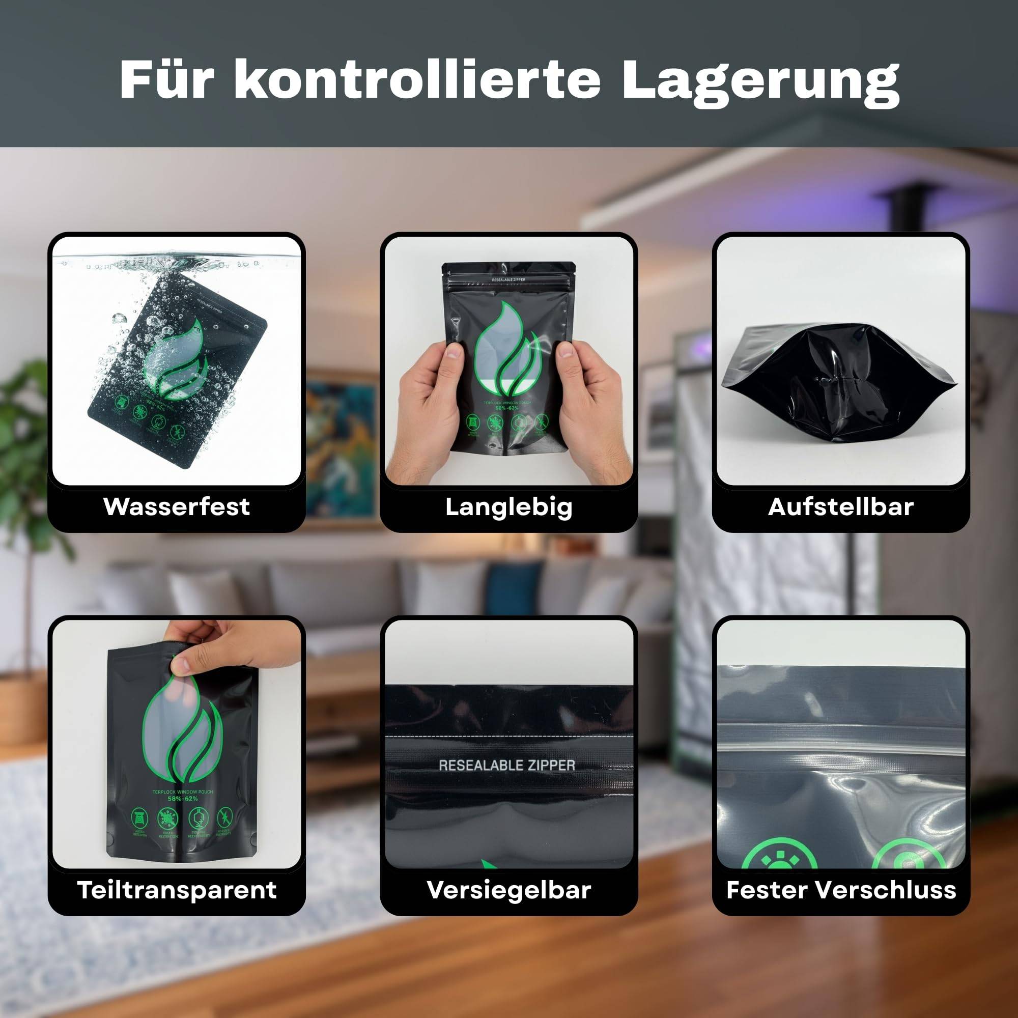 Eine Präsentation von wiederverschließbaren schwarzen Aufbewahrungsbeuteln mit grünem Blattdesign, die folgende Eigenschaften hervorhebt: 'Wasserdicht', 'Langlebig', 'Aufstellbar', 'Teiltransparent', 'Versiegelbar', 'Fester Verschluss'.