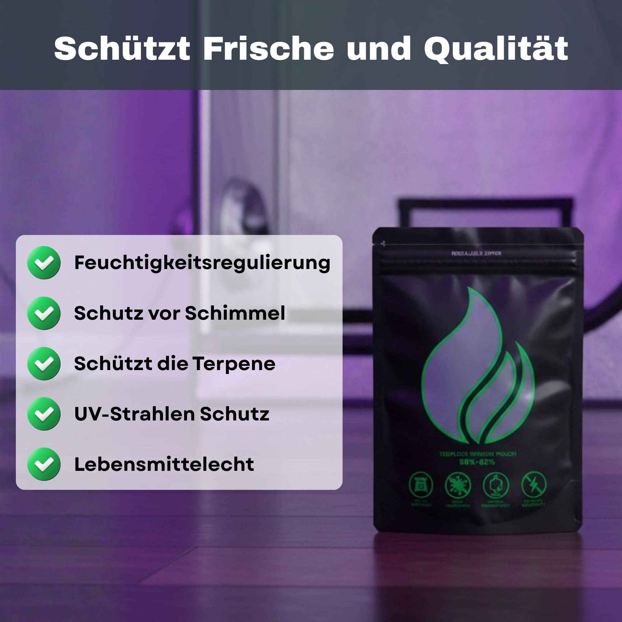 Ein Produktpaket mit Text auf Deutsch: 'Schützt Frische und Qualität', hebt Eigenschaften wie Feuchtigkeitskontrolle und UV-Schutz mit Häkchen hervor.