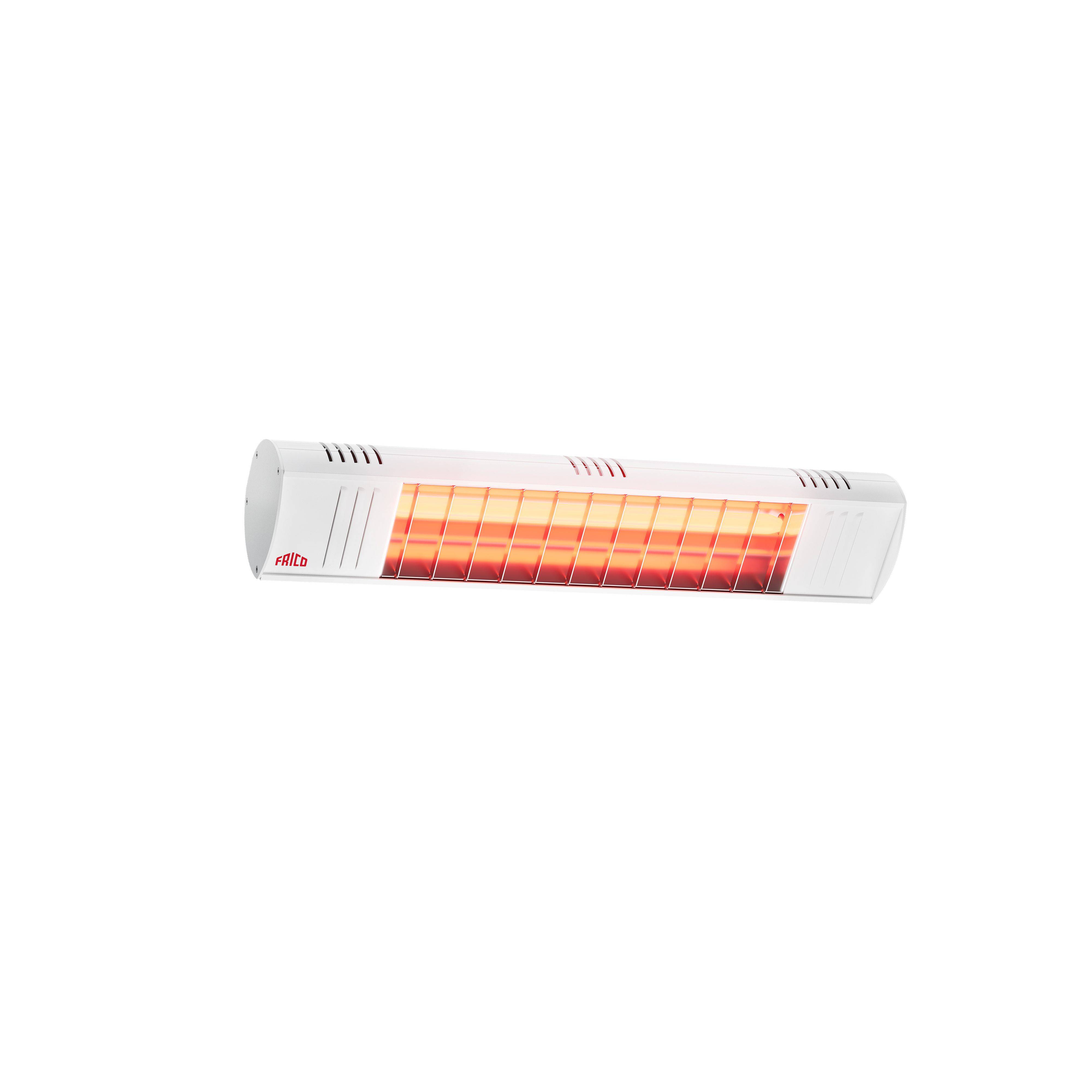 Eine Wandmontierte Infrarotheizung mit einem glühend orangefarbenen Heizelement, wahrscheinlich für den Innenbereich, die Wärme durch Strahlungswärme erzeugt.