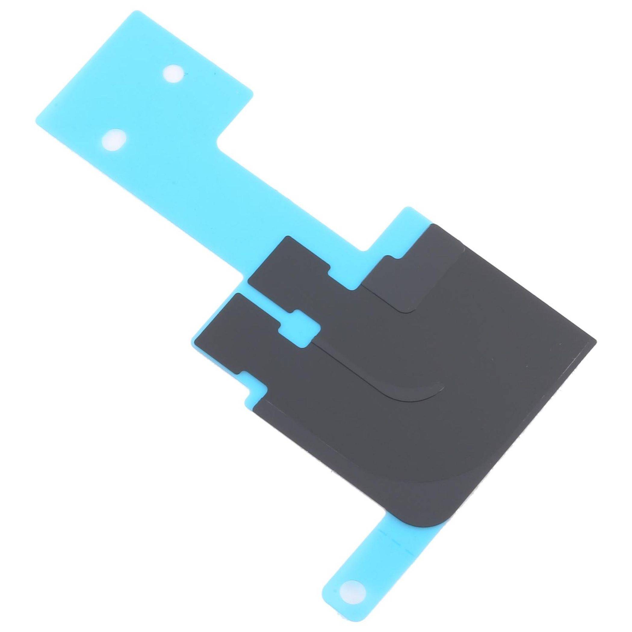 Bild eines blauen und schwarzen Klebebandes mit Ausschnitten, wahrscheinlich für elektronische Reparatur oder Montage, das ein rechtwinkliges Design zeigt.