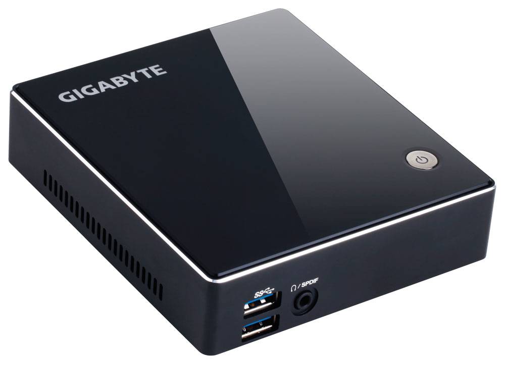 Ein kompakter, schwarzer GIGABYTE-Mini-Computer mit vorderen USB-Anschlüssen und einem Einschaltknopf, entwickelt für platzsparenden Desktop-Einsatz.