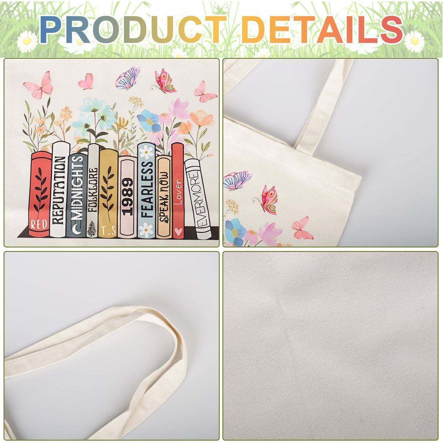 Tragetasche mit farbenfrohen Buchrücken-Designs und Schmetterlingen. Detailaufnahmen zeigen robuste Henkel und Gewebestruktur. Beschriftet mit 'PRODUKTDETAILS'.