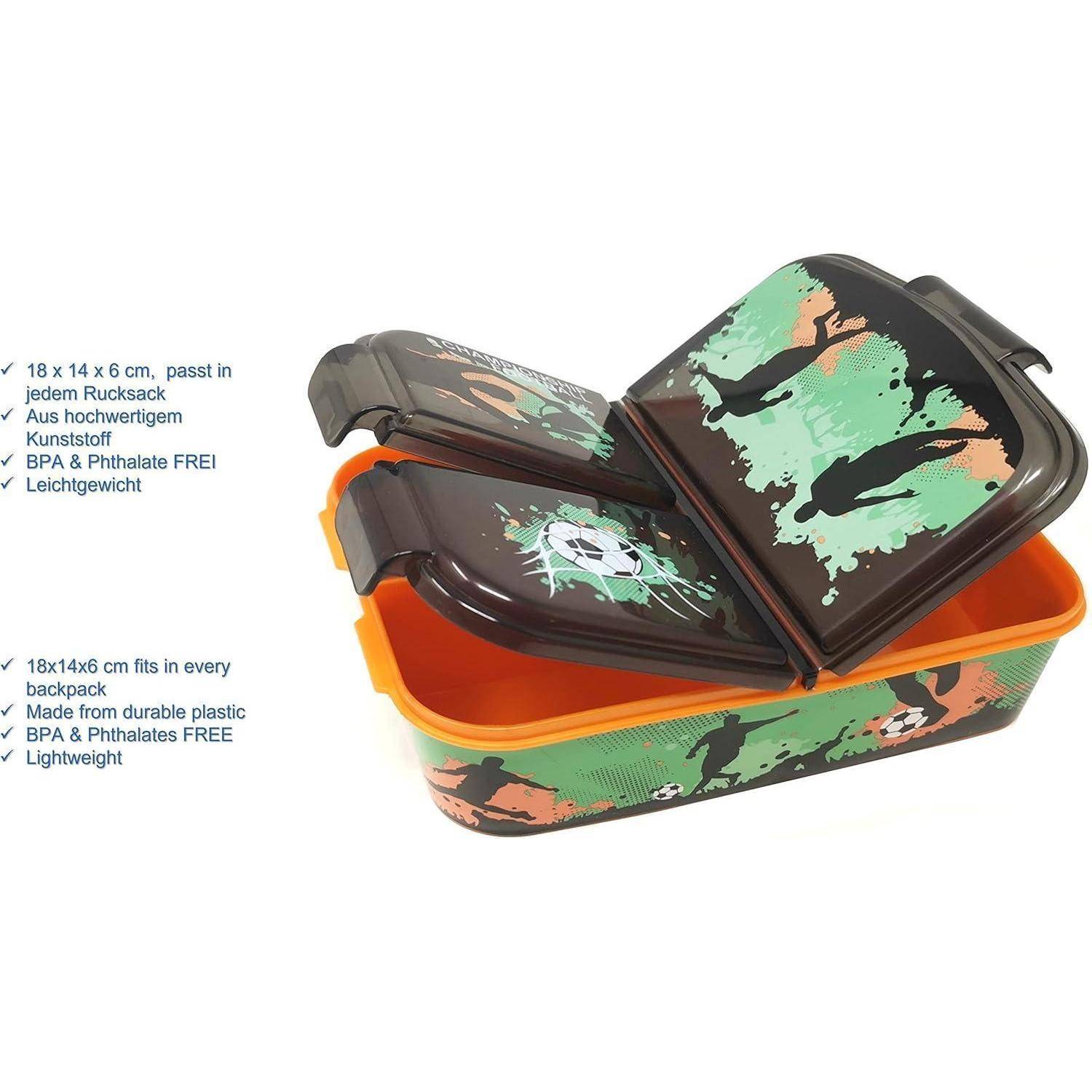 Orangefarbene und schwarze Lunchbox mit abstraktem Muster, geöffnet, um die Fächer zu zeigen. Leicht, BPA-frei, passt in Rucksäcke, 18x14x6 cm.