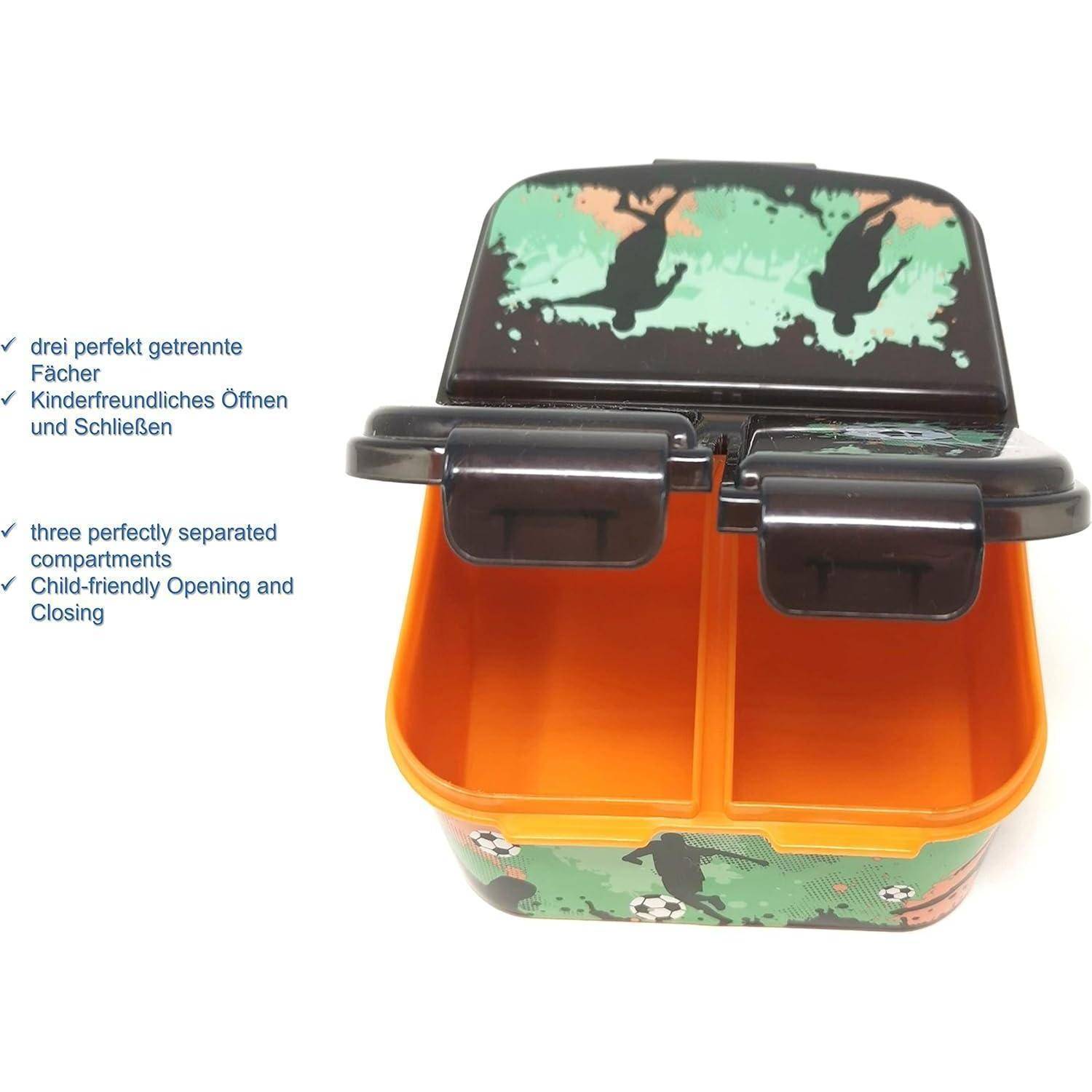 Kinderlunchbox mit drei Fächern, versehen mit naturthematischen Grafiken. Beschrifteter Text hebt einfaches Öffnen und Schließen hervor.