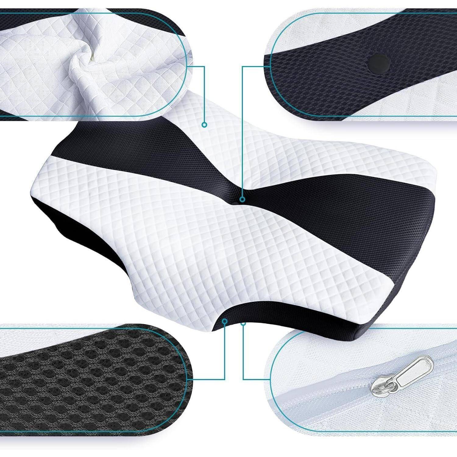Orthopädisches Kissen mit konturiertem Design in Schwarz und Weiß, inklusive Nahaufnahmen, die den strukturierten Stoff und den Reißverschluss hervorheben.