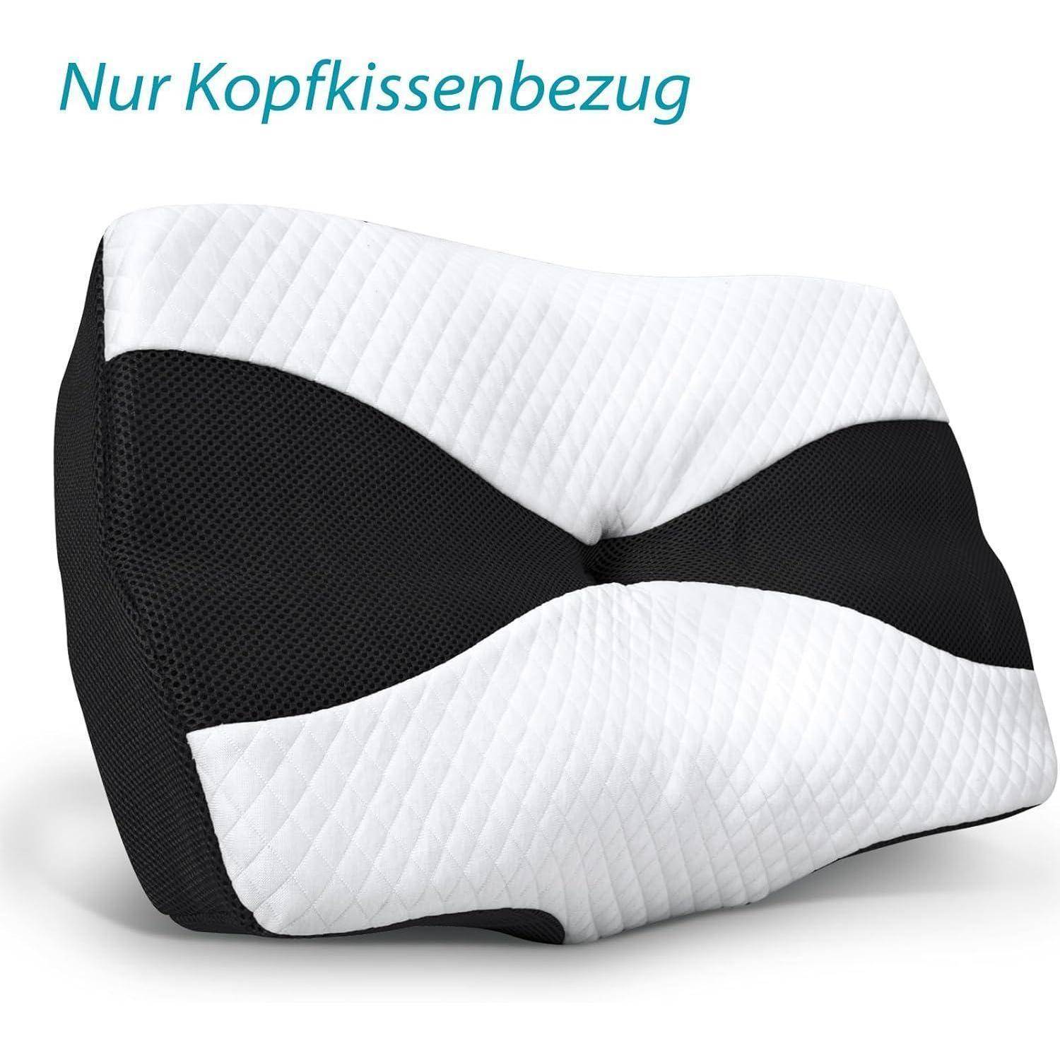 Ein konturiertes Kissen mit einem weißen Steppbezug und schwarzen Seiten, entwickelt für ergonomische Unterstützung. Text lautet: 'Nur Kopfkissenbezug'.