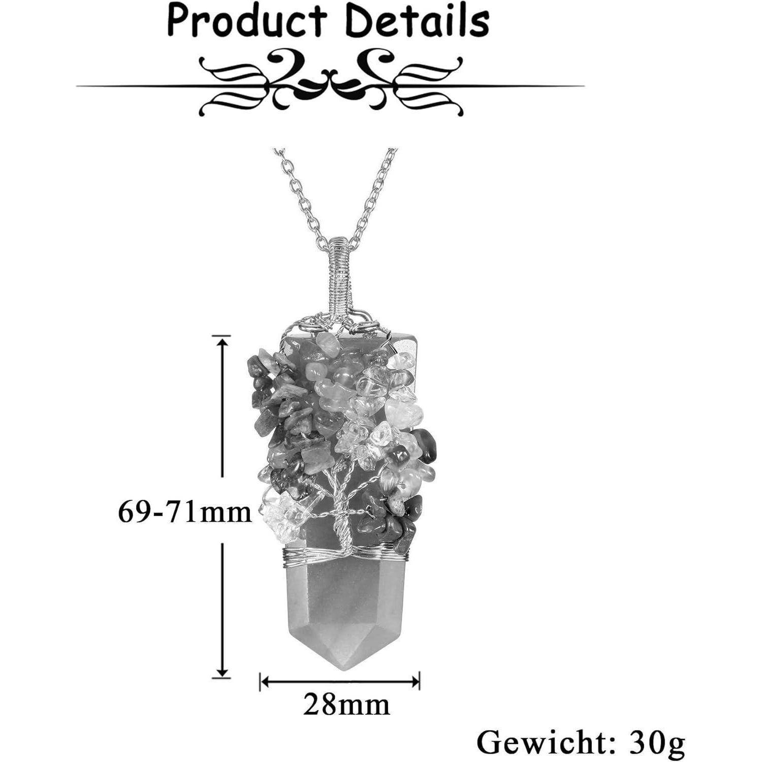 Anhängerkette mit verschiedenen Edelsteinen und einem spitzen Kristall, misst 69-71 mm in der Länge und 28 mm in der Breite; wiegt 30 g.