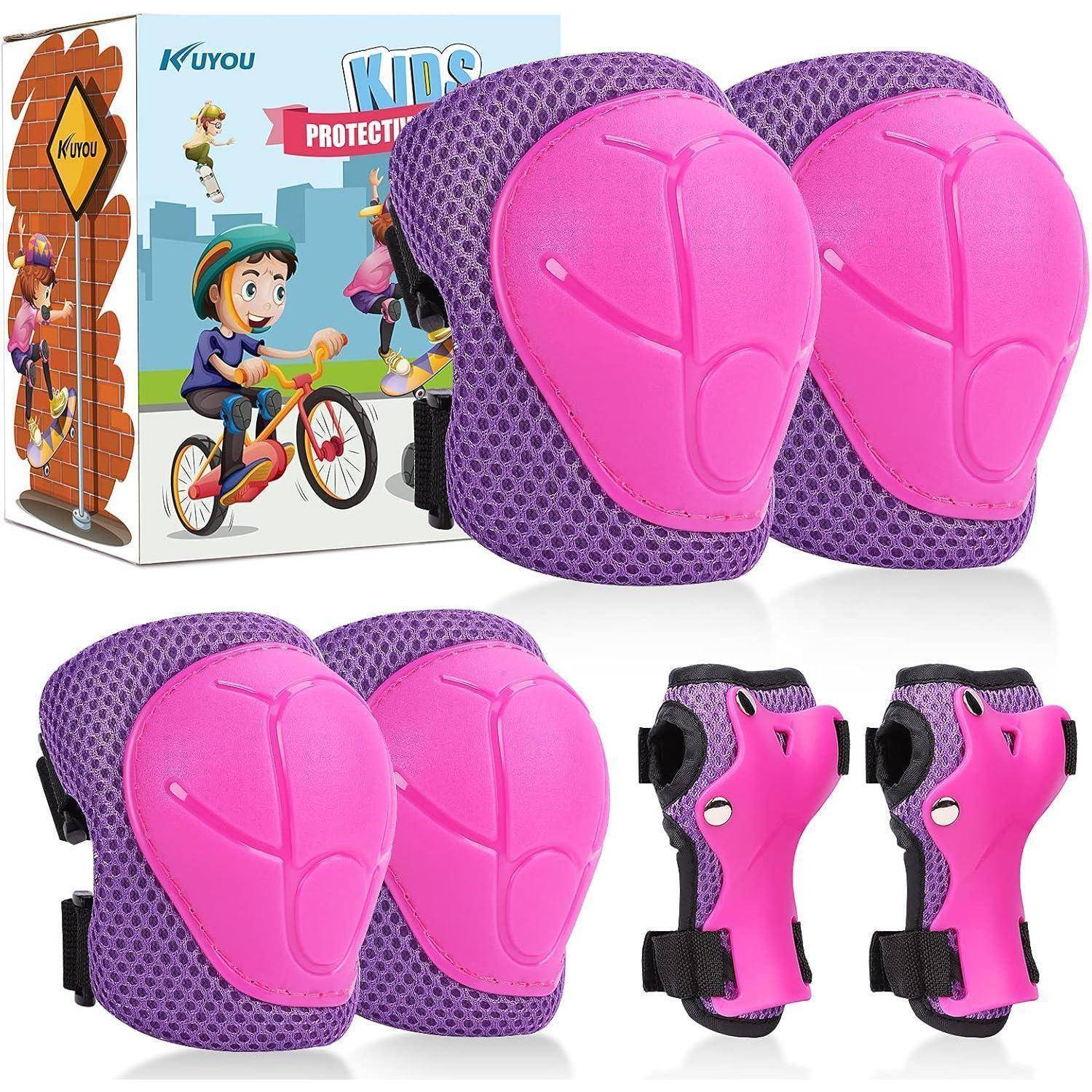 Pinkes und lila Kinderschutzset umfasst Knie-, Ellbogen- und Handgelenkschützer, wobei die Verpackung Kinder beim Radfahren zeigt.