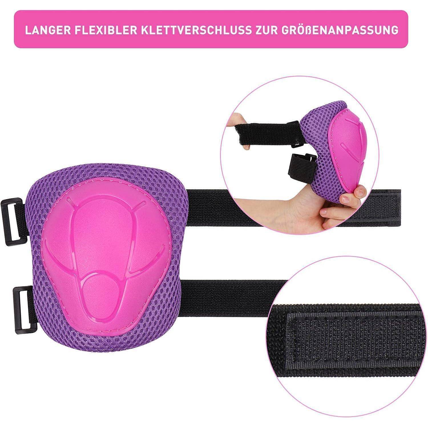 Rosa und lila Knieprotektoren mit einem langen, verstellbaren Riemen und Klettverschluss zur Größenanpassung, in detaillierten Nahaufnahmen dargestellt.