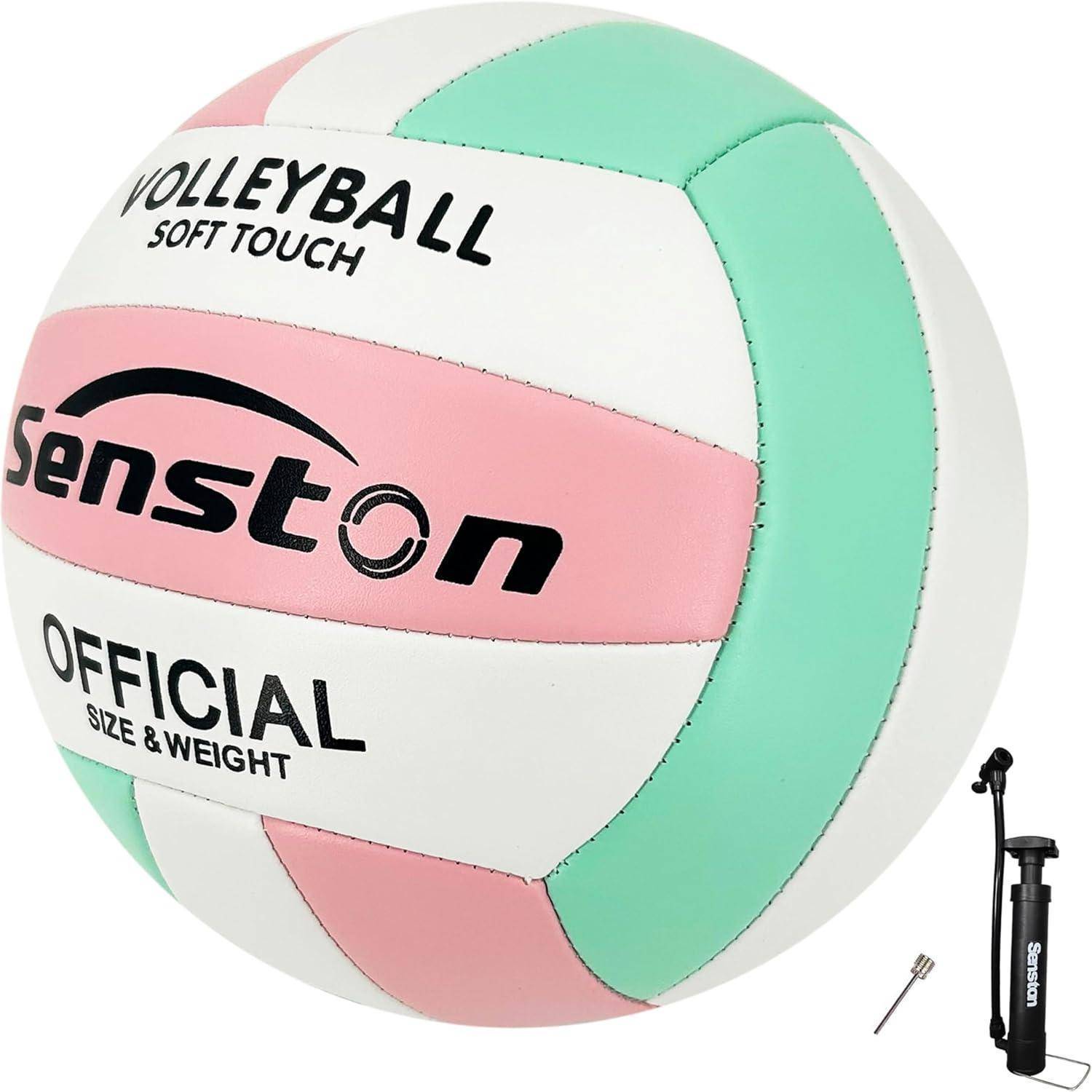 Ein Volleyball mit rosa und grünen Streifen, beschriftet mit 