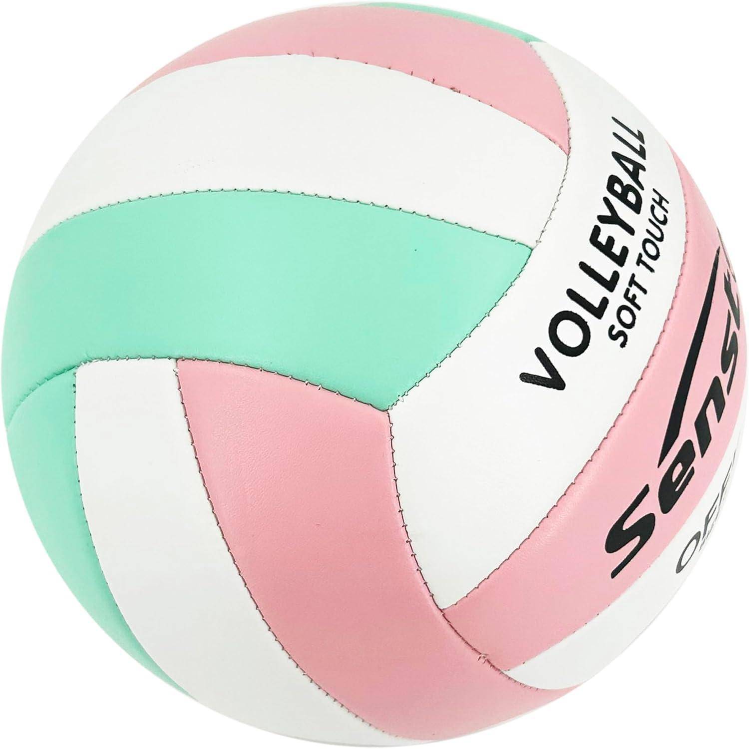Ein Volleyball mit rosa, mint und weißen Feldern, beschriftet mit 'Volleyball Soft Touch'.
