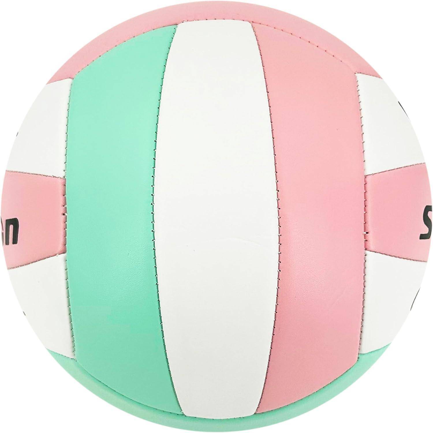 Ein Volleyball mit rosa, weißen und grünen Feldern.