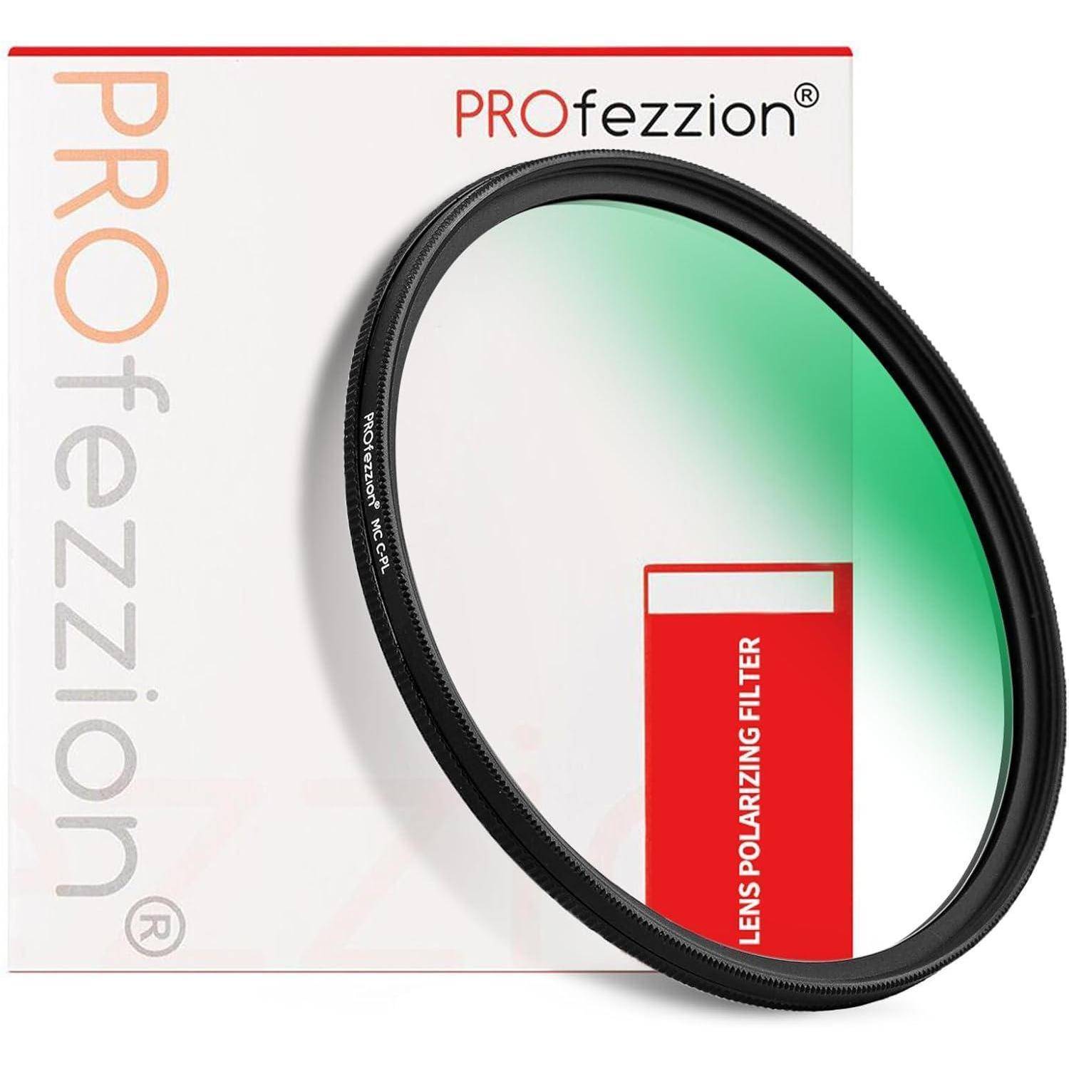Ein Zirkular-Polfilter von PROfezzion wird vor seiner Verpackung gezeigt, mit einem Farbverlauf von Grün zu Transparent.